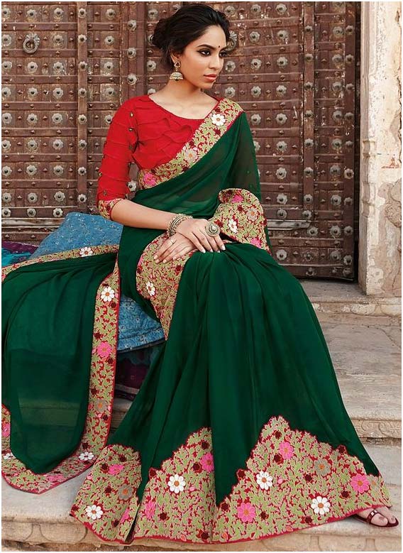 Green Floral Embroidered Saree