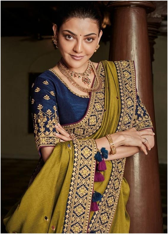 Olive Green Silk Saree - Front View