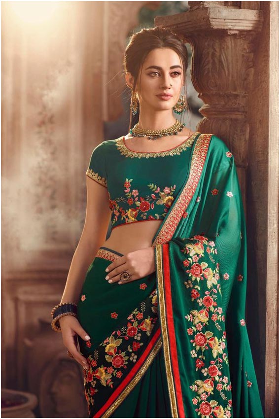 Rama Green Embroidered Saree