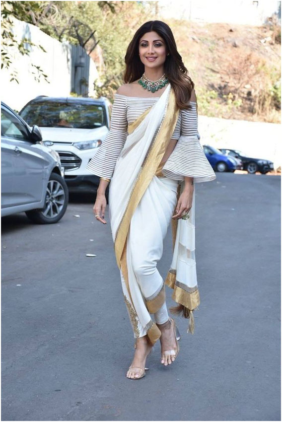 Ruffle Blouse And White Saree