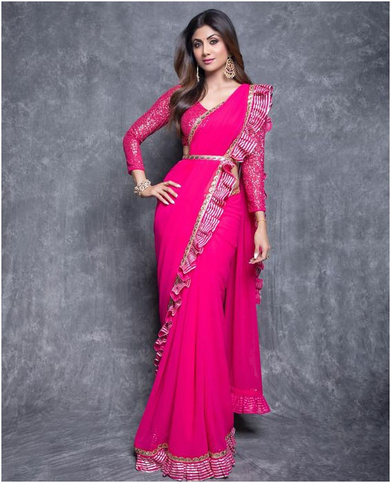  Shilpa Shetty Ruffle Saree With Gota Patti Belt