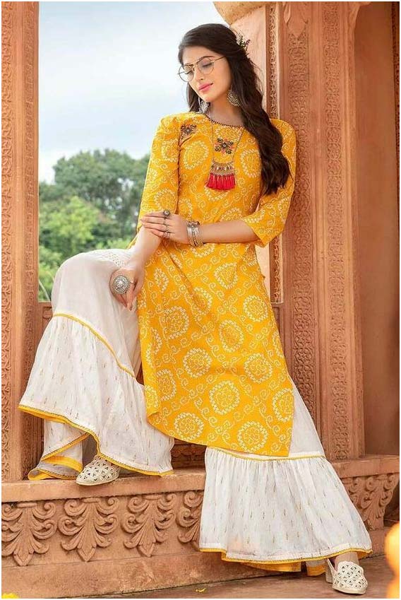 Straight Cut Yellow Kurti With Garara