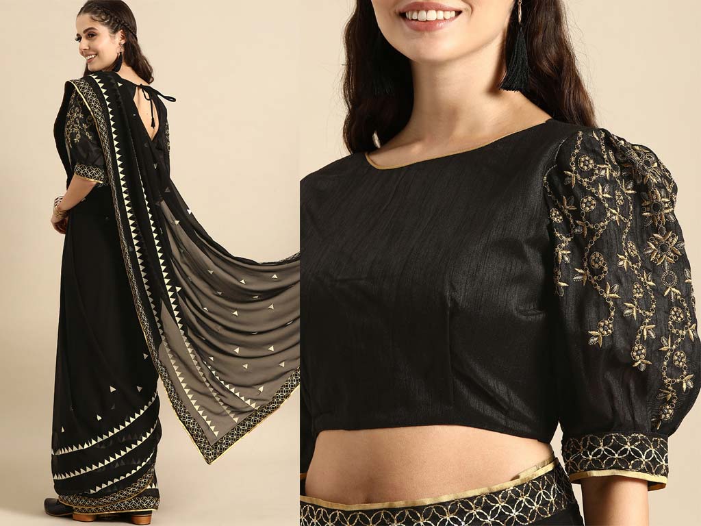 Black Color Gold Embroidered Saree With Blouse