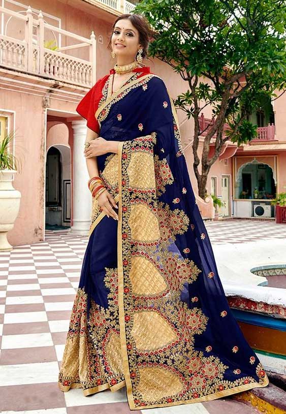 Blue Broad Work Saree