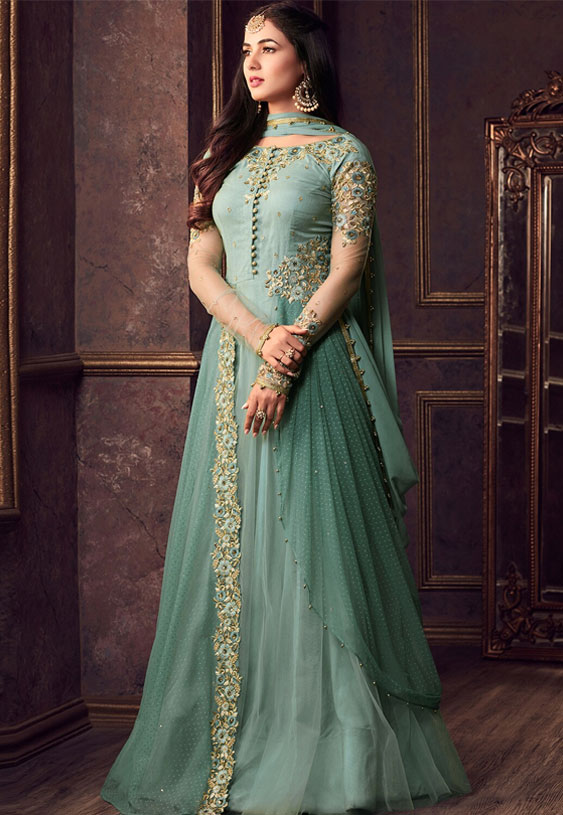 Embroidered Net Abaya Suit In Green 