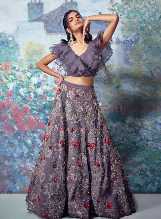 Grey Embroidered Lehenga With Crop Top