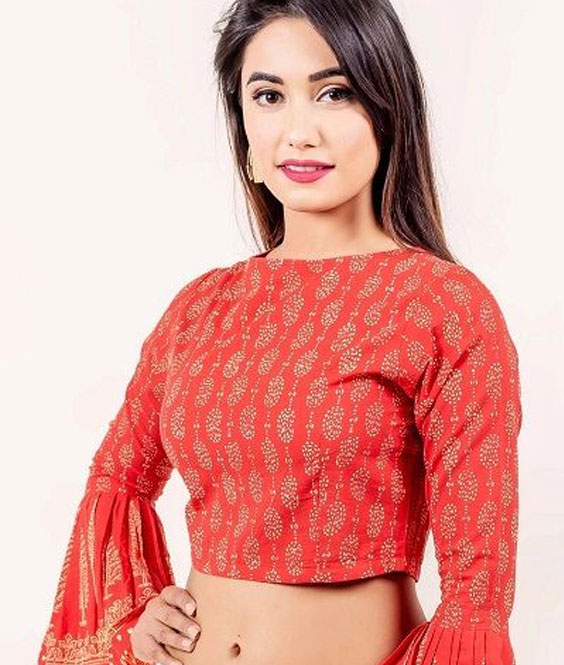 High Neck Red Bell Sleeves Blouse