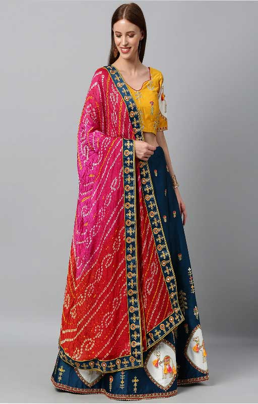 Teal Blue And Yellow Semi-Stitched Lehenga
