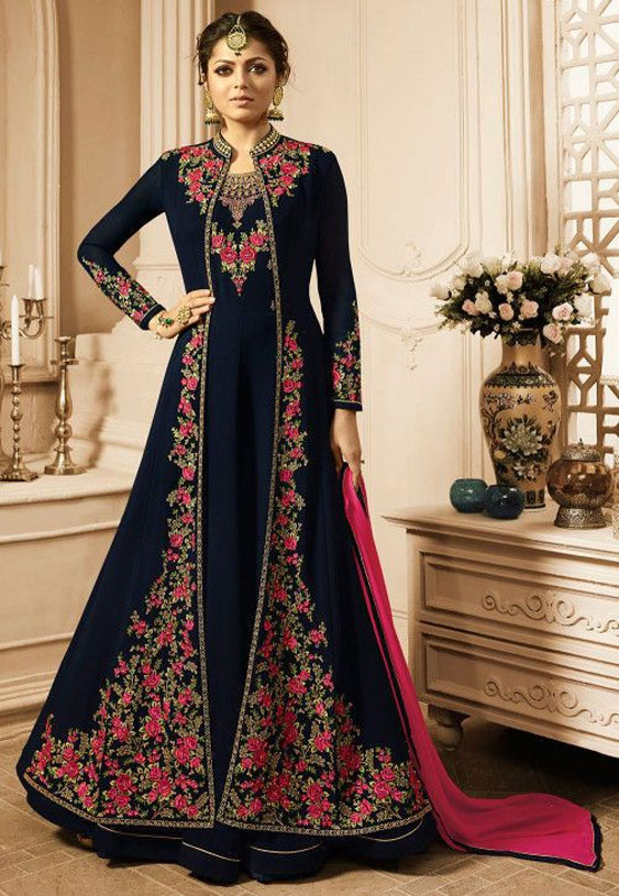 Georgette Abaya Style Suit In Navy Blue