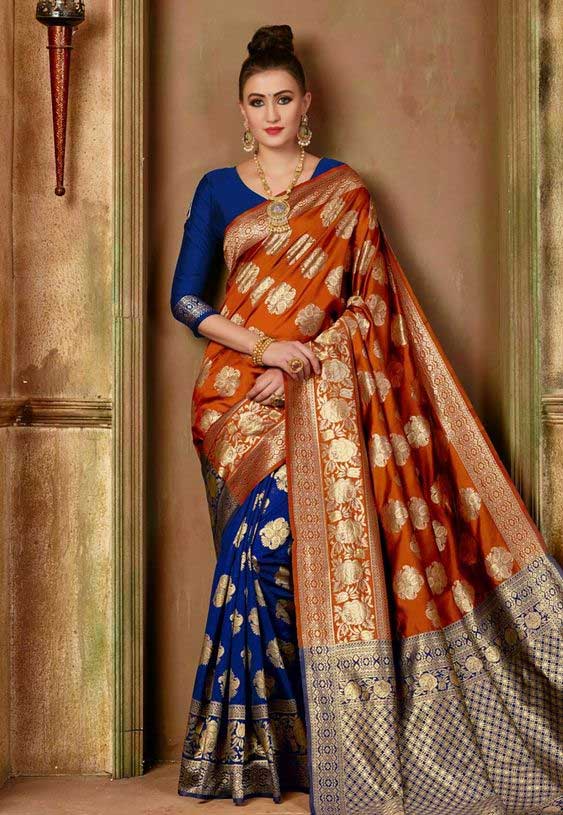 Orange And Blue Silk Saree