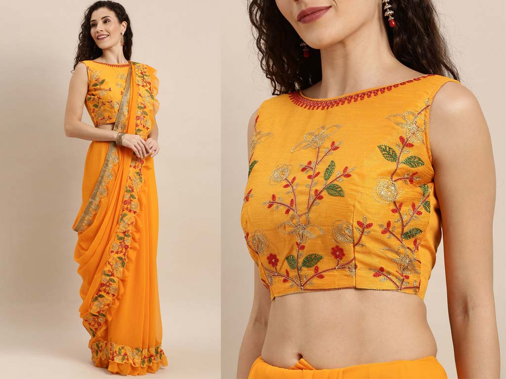 Orange Silk Blend Celebrity Saree With Blouse