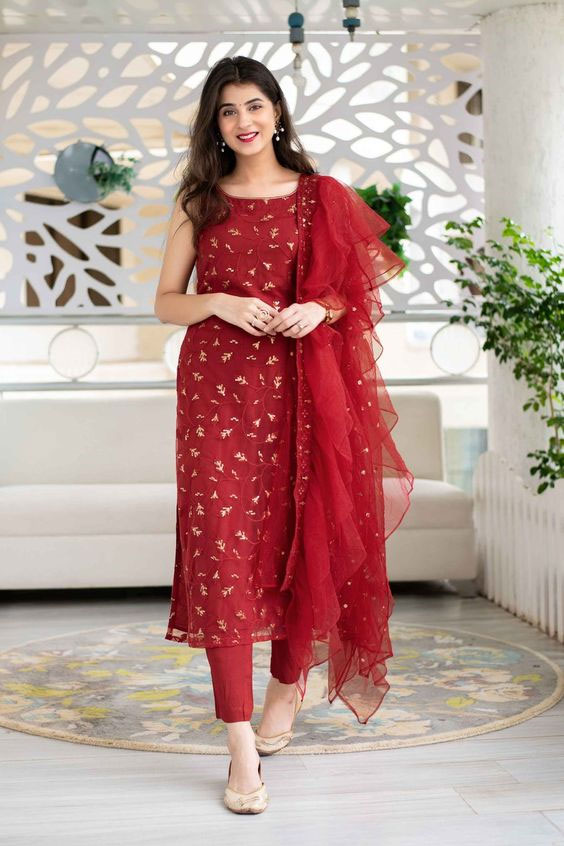 Red Straight Cut Kurti With Ruffle Dupatta