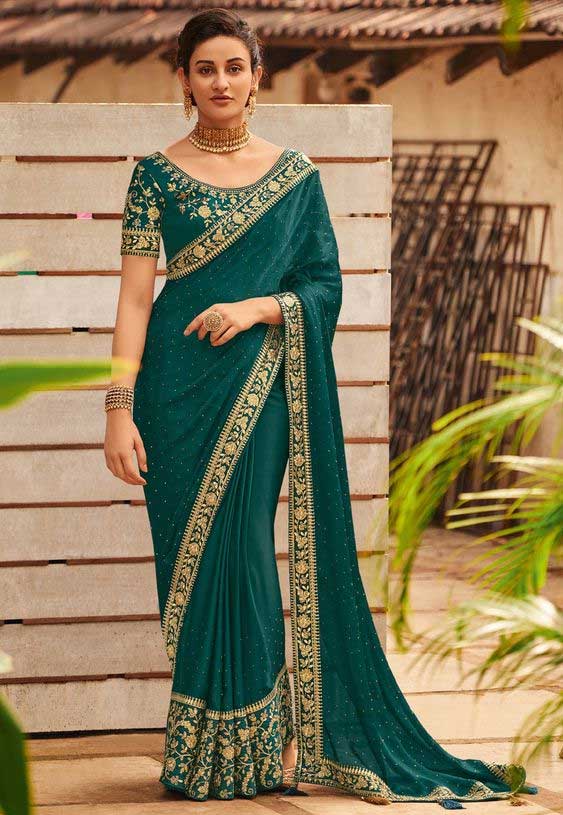 Satin Georgette Saree In Teal