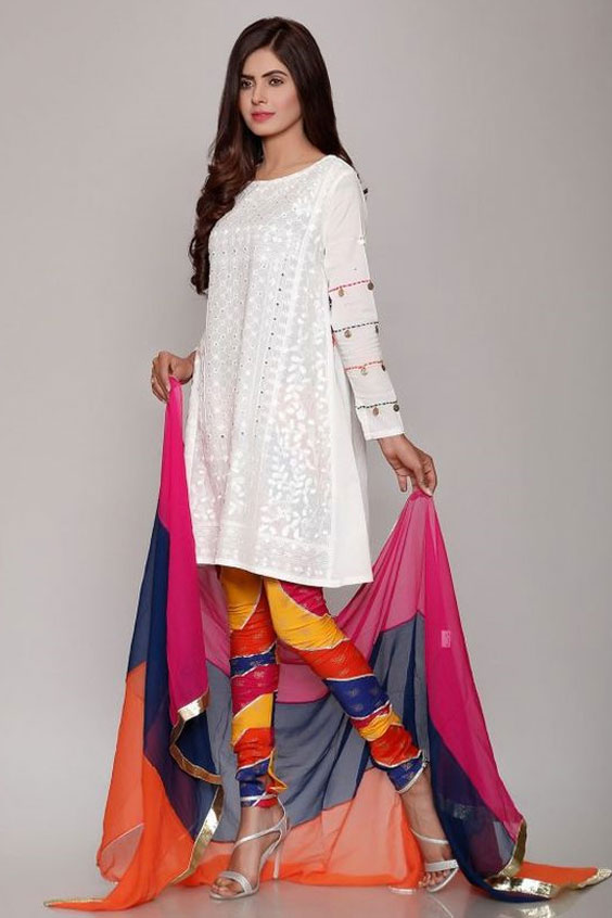 White Kurti And Rainbow Salwar 