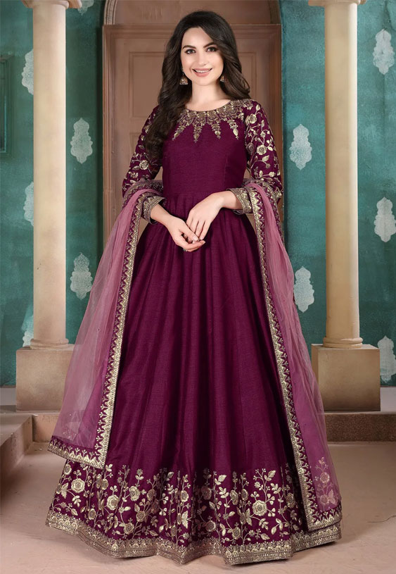 Embroidered Art Silk Abaya Style Suit In Magenta 