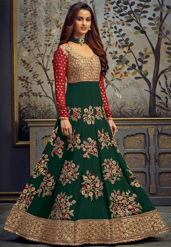 Embroidered Georgette Abaya Style Suit In Green And Red 