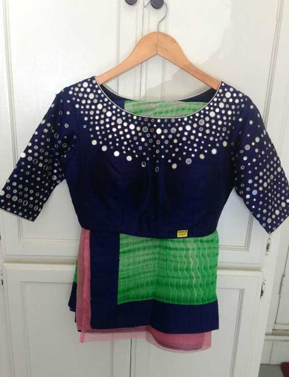 Boat Neck Mirror Work Blouse