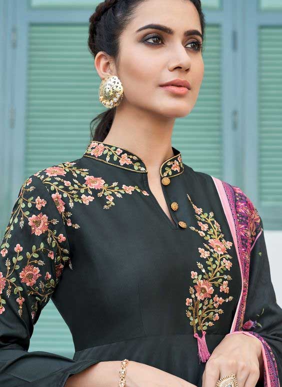 Multi-Coloured Embroidery In Grey Cotton Kurti