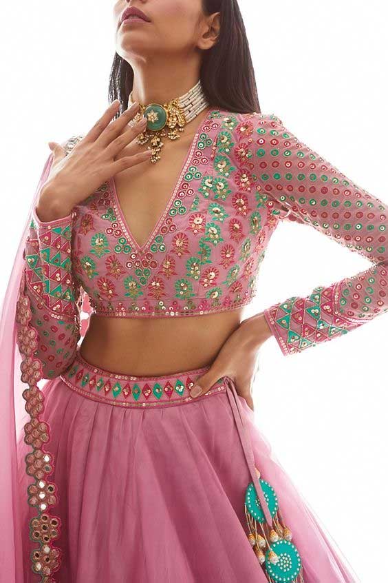 Pink Full Sleeves Mirror Work Blouse