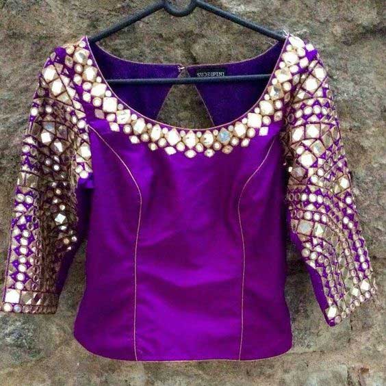 Purple Long Style Mirror Work Blouse