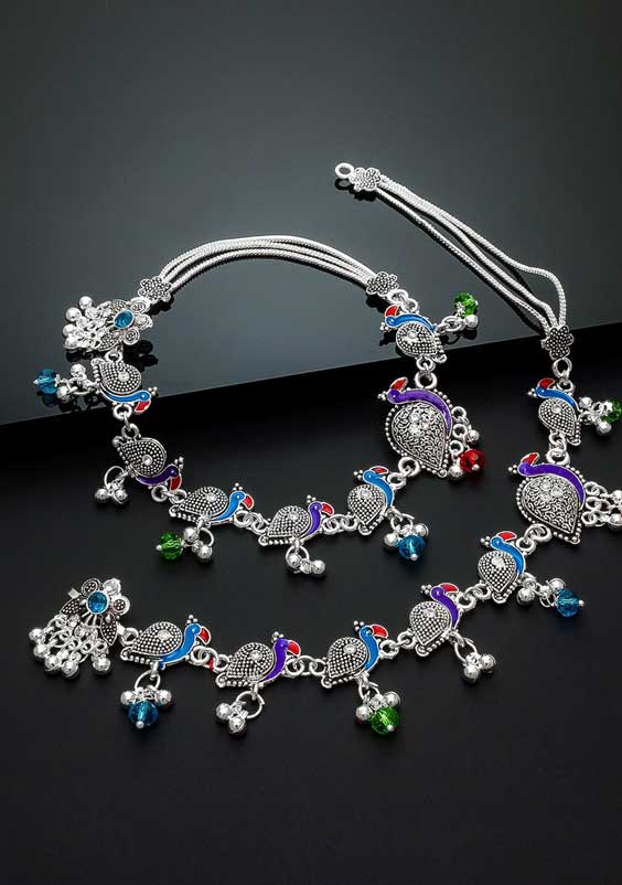 Red And Blue Stone Studded Peacock Anklet