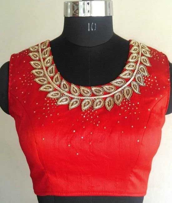 Red Round Neck Jeweled Blouse Design 