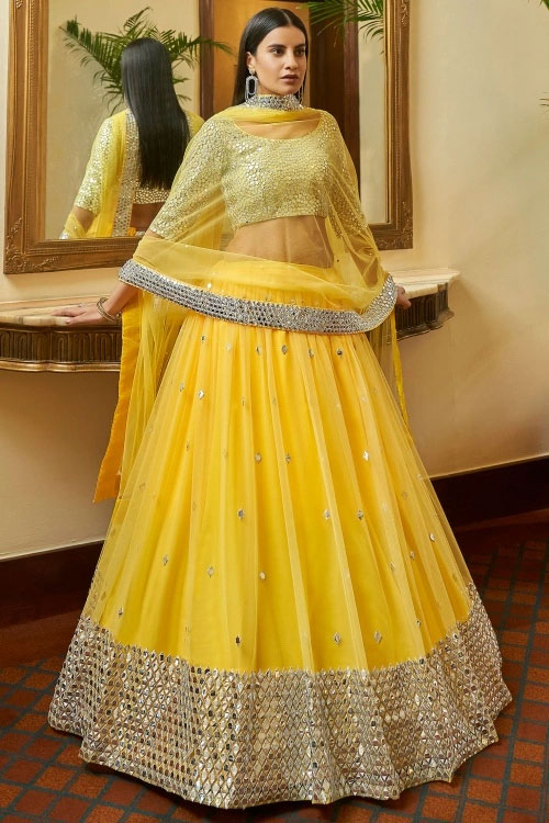 Yellow Net Applique Worked Lehenga Choli