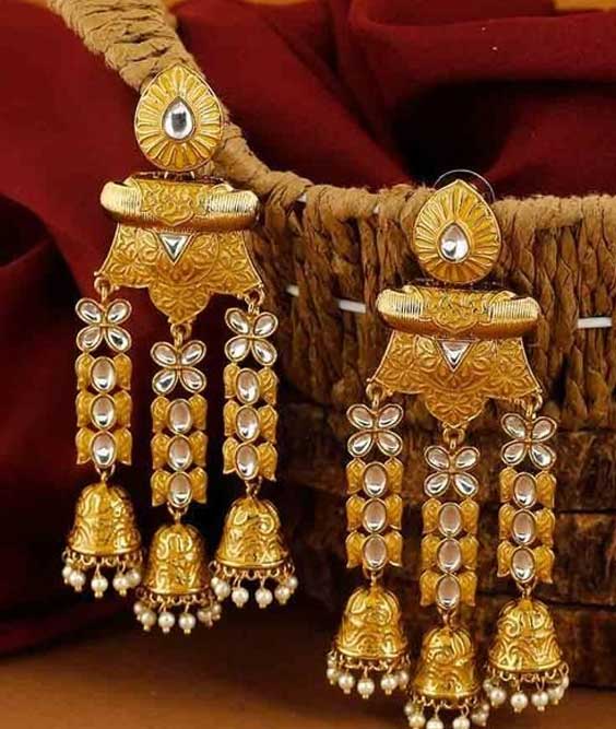 Gold and Kundan Drop Jhumka Earrings