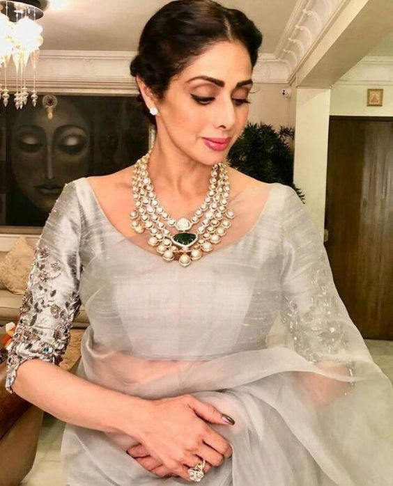 sridevi in silver blouse design and jewellery