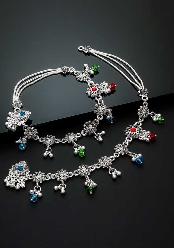 Floral Latkan Silver Anklets