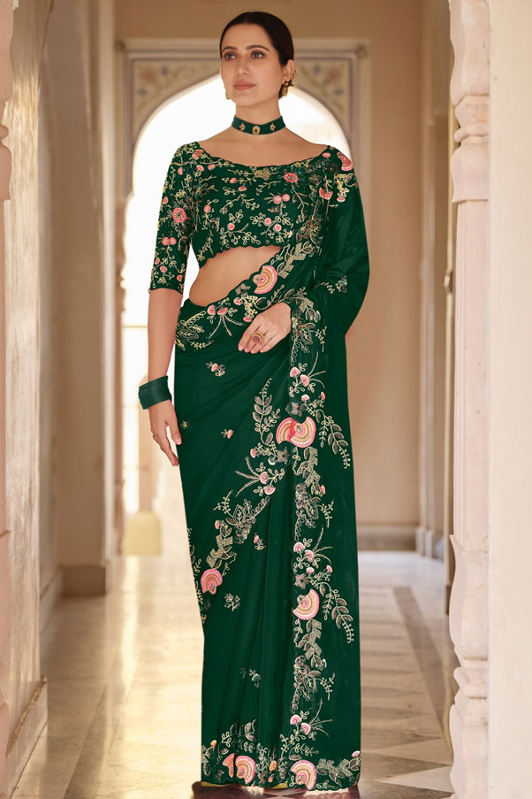 Dark Green Organza Floral Embroidered Saree