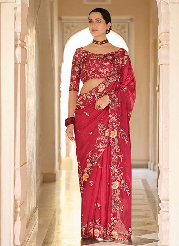 Dark Red Organza Embroidered Saree 