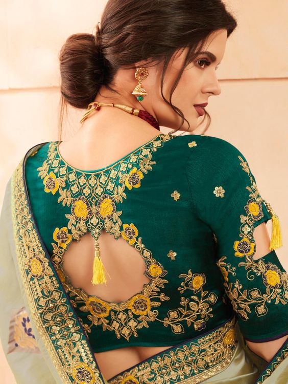 Green Banarasi Silk Back Blouse Design