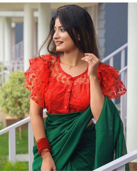 Green saree with red blouse