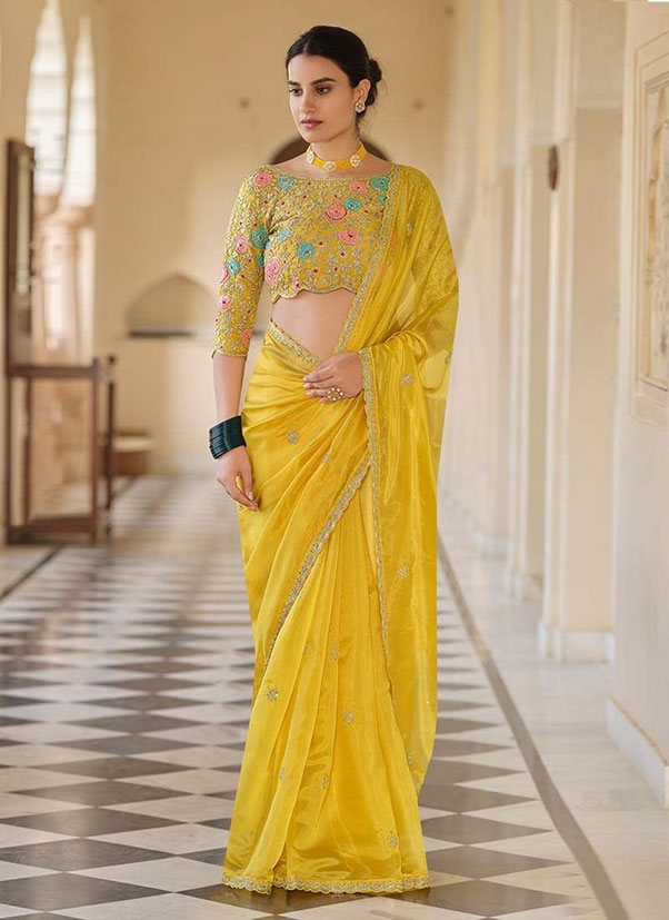 Lemon Yellow Organza Saree With Designer Blouse 