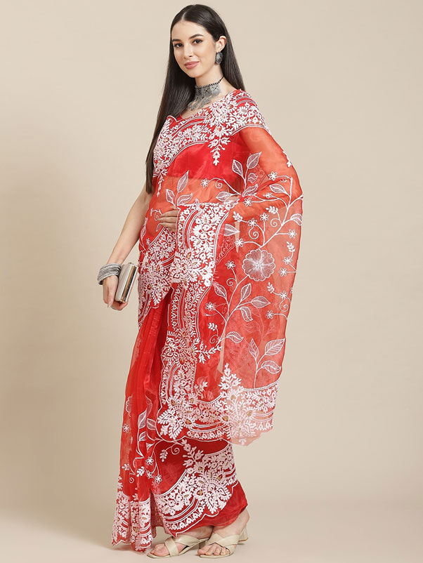 Maroon And White Floral Organza Saree 