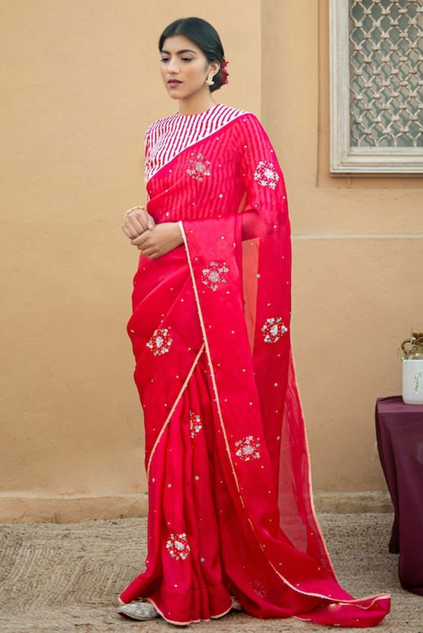 Pink Organza Saree With Striped Blouse 