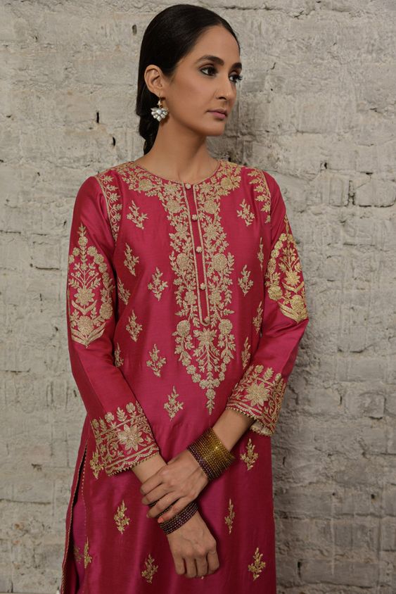 Rani And Golden Work Kurti