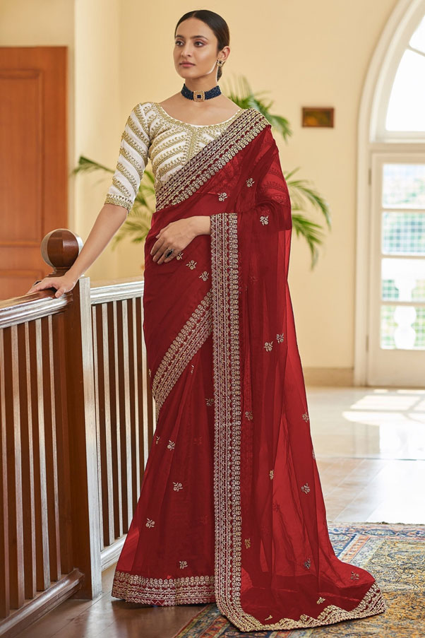 Red Organza Border Work Embroidered Saree With White Blouse 