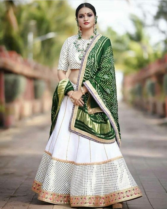 White Lehenga Choli With Bandhej Dupatta