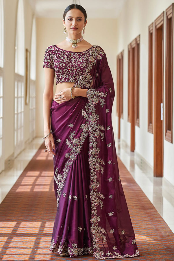 Wine Purple Embroidered Organza Saree 