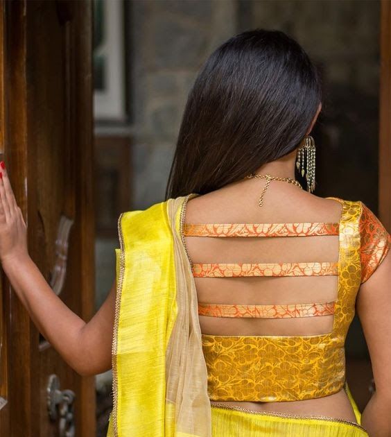 Yellow Brocade Back Blouse Design