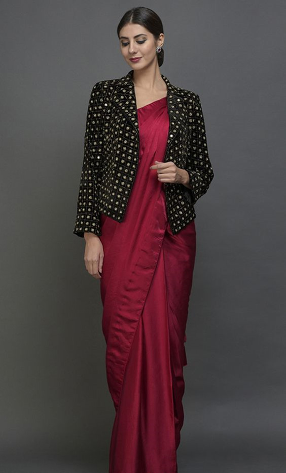 red saree with black jacket