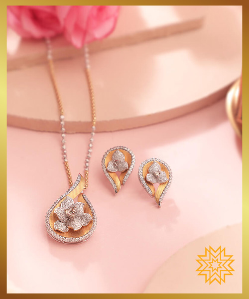 3D Gold And Diamond Pendant Set