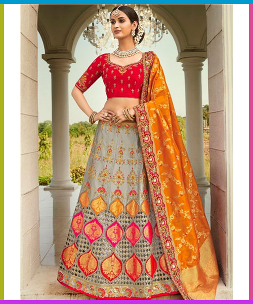 ABALONE GREY HEAVY EMBROIDERED BANARASI SILK LEHENGA CHOLI