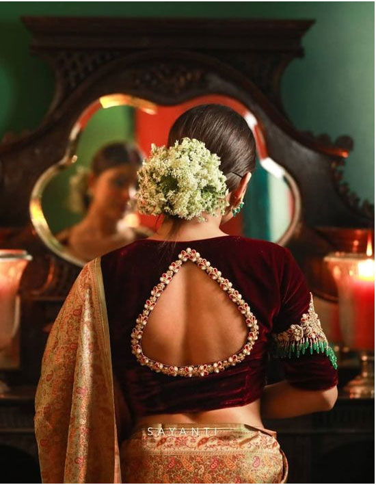 Back Cut Work Velvet Blouse Design