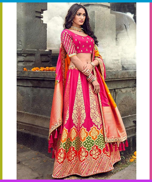 Banarasi Silk Wedding Lehenga In Rani Pink Colour