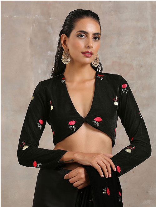 Black Embroidered Velvet Blouse