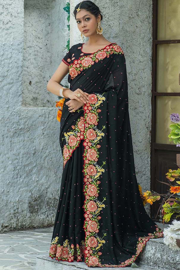 Black Georgette Silk Thread Embroidered Saree