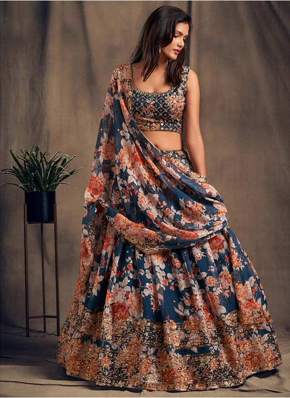 Blue Floral Printed Lehenga